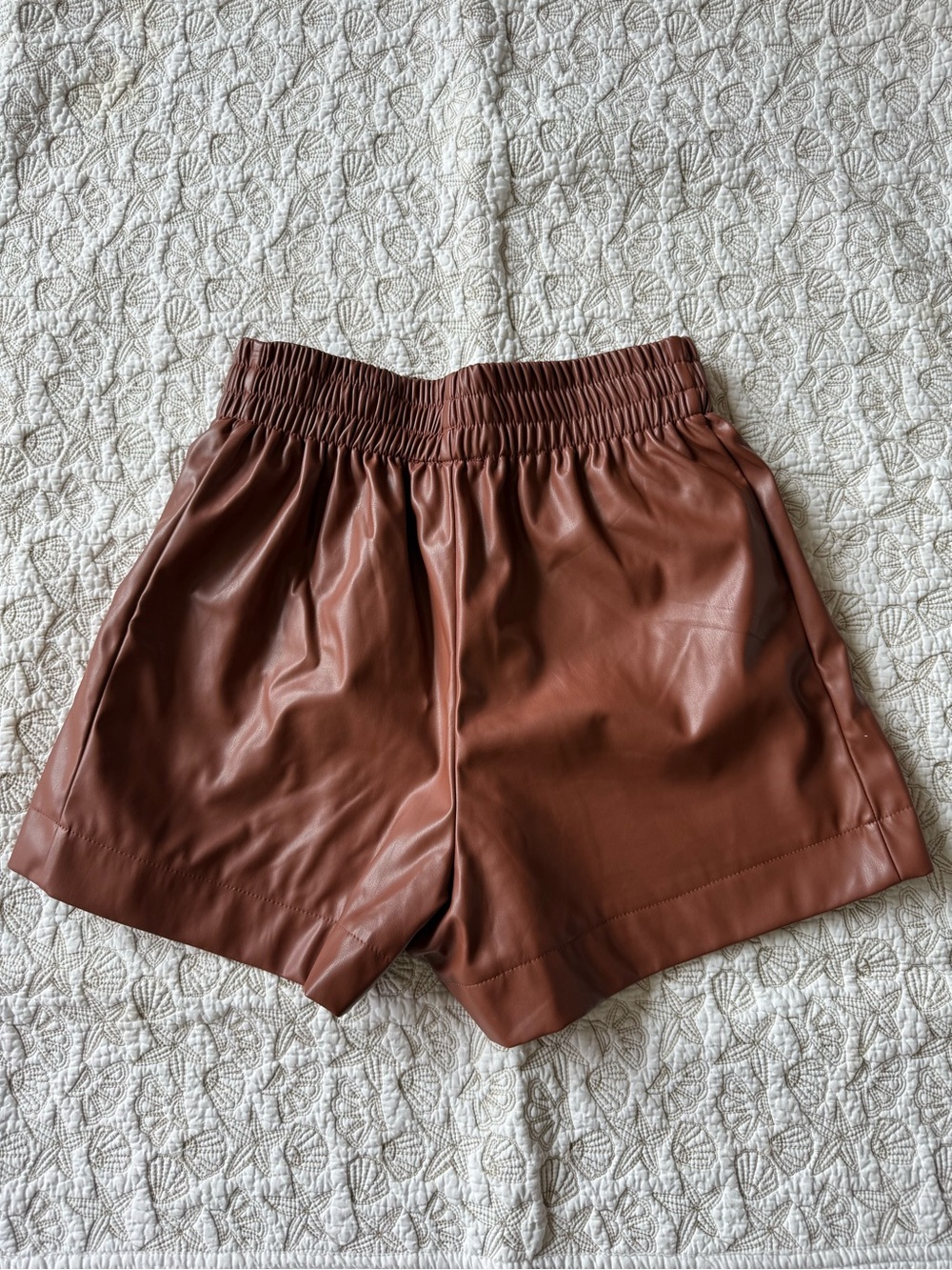 Entro Women’s Faux Leather Elastic Waist Shorts — Brown